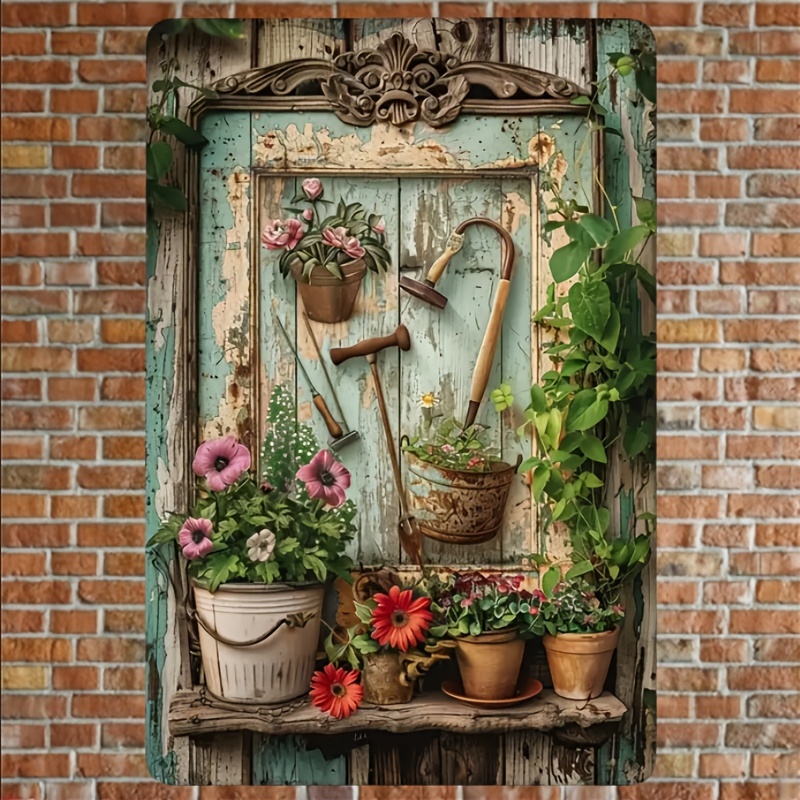 Home Office And Library - Vintage floral metal tin signage, rural