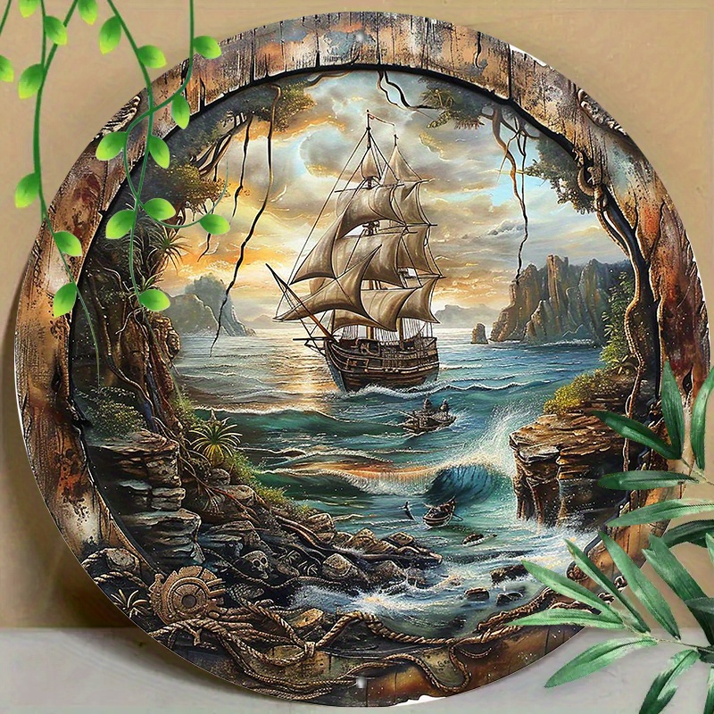 Home Office Logo - Round Metal Aluminum Mark Pirate Ship